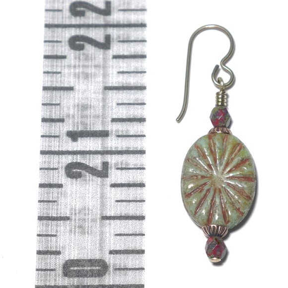 Hand Crafted Handmade Earrings Olive & Rust Oval Czech Beaded Earrings - Picture 4 of 5